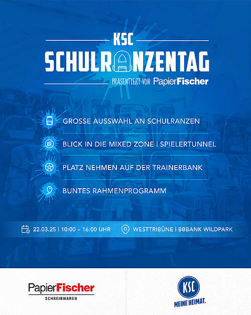 Grafik: Der KSC-Schulranzentag präsentiert von PapierFischer bietet ein buntes Programm und natürlich eine große Auswahl an Schulranzen